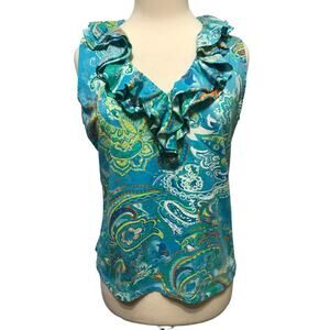 Lauren Ralph Lauren Petite Size PL Blue Paisley Sleeveless Knit Top Ruffle VNeck